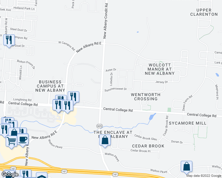 map of restaurants, bars, coffee shops, grocery stores, and more near 6696 Central College Road in New Albany