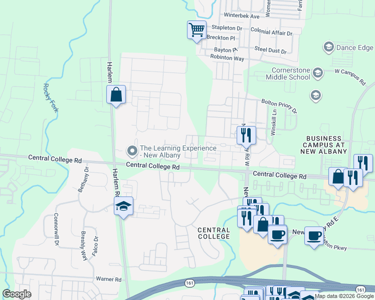 map of restaurants, bars, coffee shops, grocery stores, and more near 5932 Central College Road in New Albany