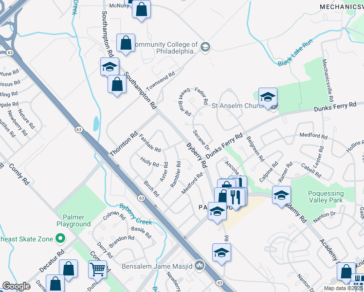 map of restaurants, bars, coffee shops, grocery stores, and more near 12231 Barbary Road in Philadelphia
