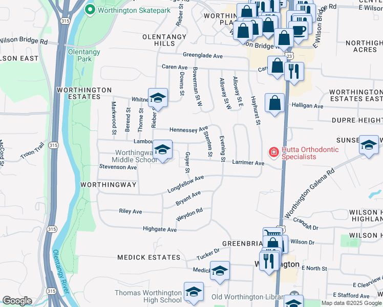 map of restaurants, bars, coffee shops, grocery stores, and more near 283 Larrimer Avenue in Worthington