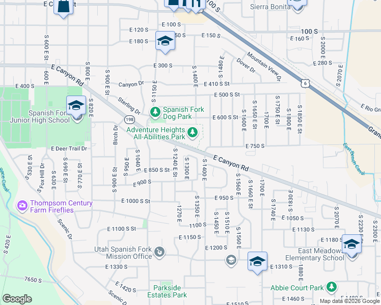 map of restaurants, bars, coffee shops, grocery stores, and more near 800-828 South 1400 East in Spanish Fork