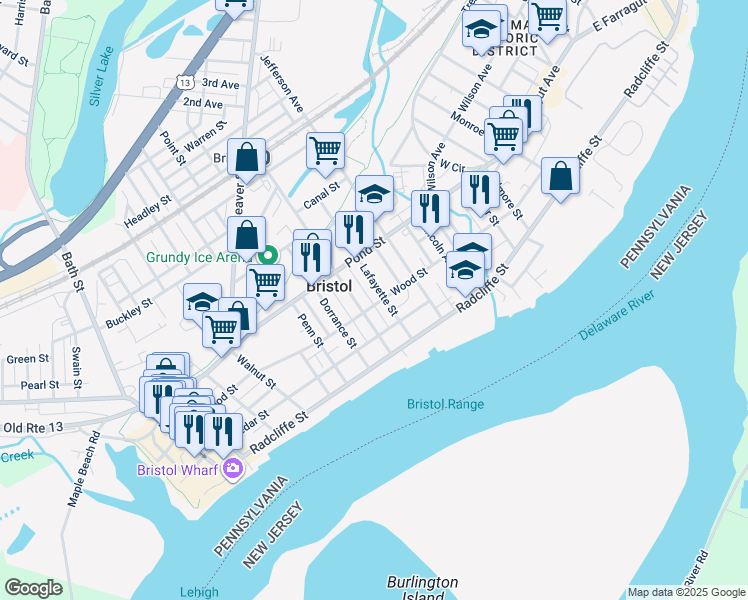 map of restaurants, bars, coffee shops, grocery stores, and more near 217 Washington Street in Bristol