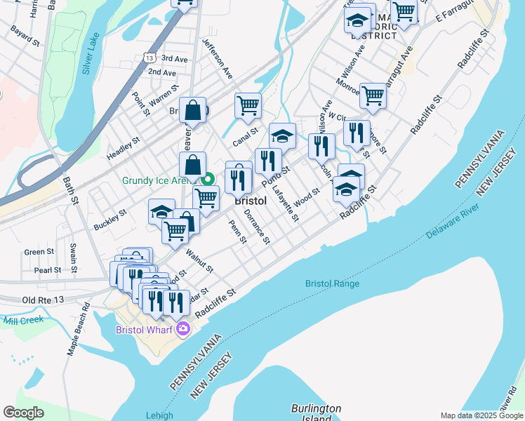 map of restaurants, bars, coffee shops, grocery stores, and more near 310 Dorrance Street in Bristol