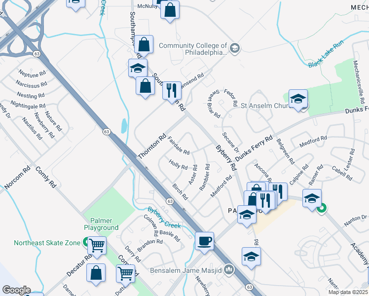 map of restaurants, bars, coffee shops, grocery stores, and more near 12216 Aster Road in Philadelphia