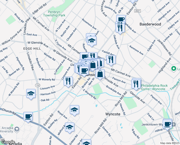 map of restaurants, bars, coffee shops, grocery stores, and more near in Glenside