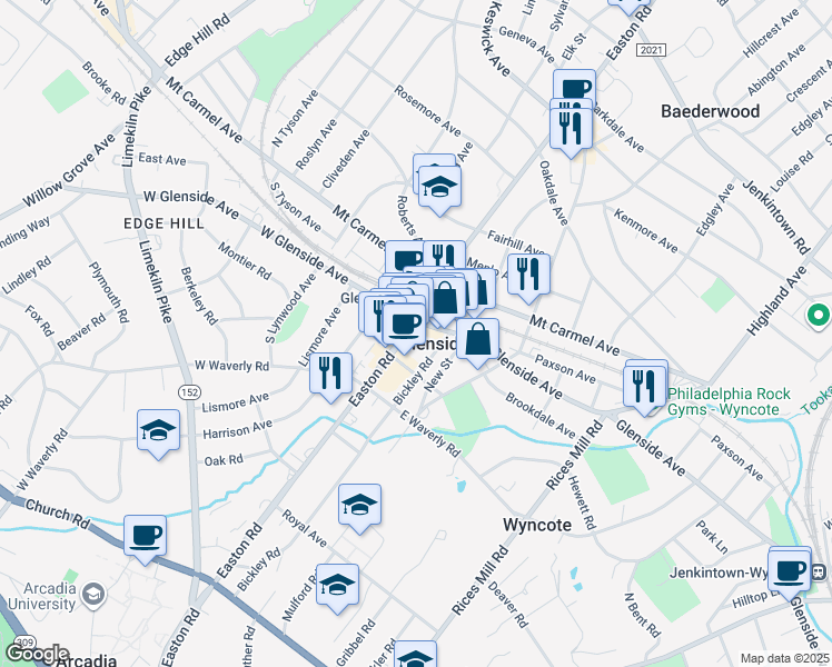 map of restaurants, bars, coffee shops, grocery stores, and more near in Glenside