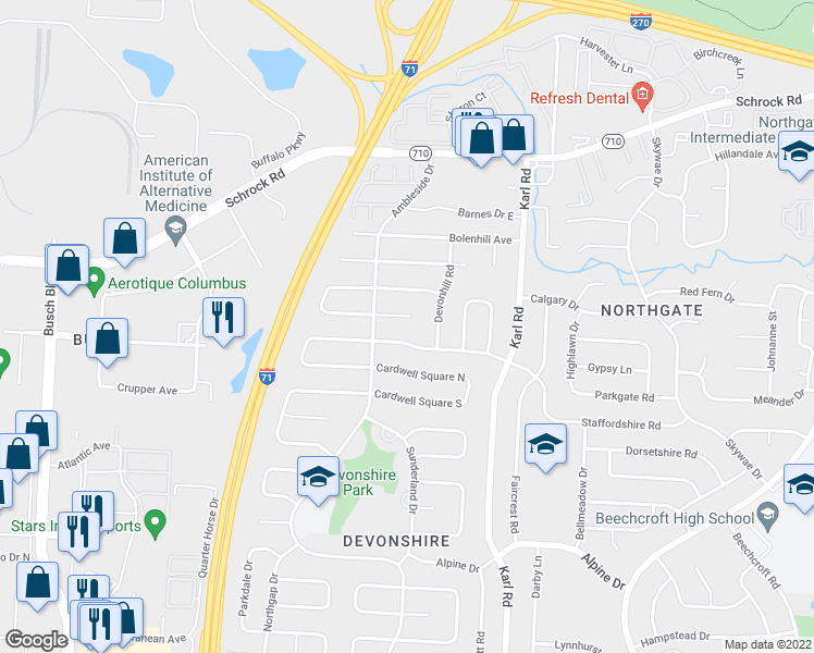 map of restaurants, bars, coffee shops, grocery stores, and more near 1363 Cranwood Drive in Columbus