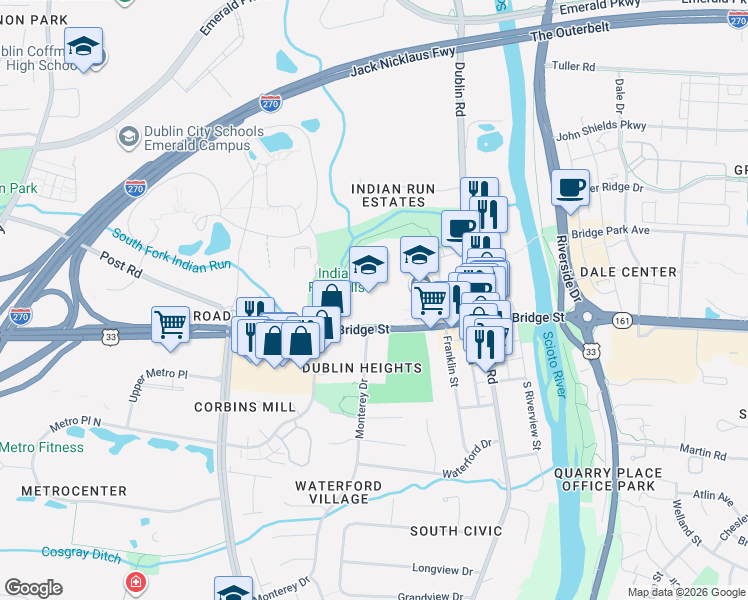 map of restaurants, bars, coffee shops, grocery stores, and more near 185-189 West Bridge Street in Dublin