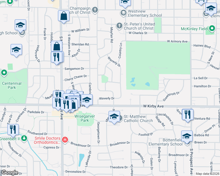 map of restaurants, bars, coffee shops, grocery stores, and more near 1411 Waverly Drive in Champaign