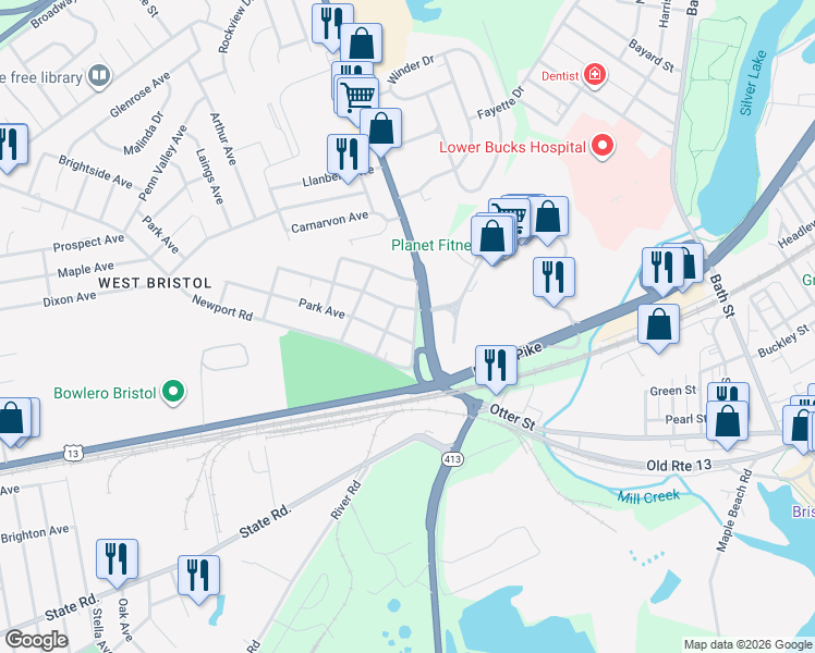map of restaurants, bars, coffee shops, grocery stores, and more near 213 Park Avenue in Bristol