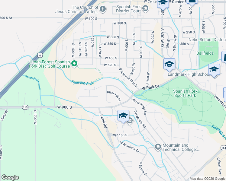 map of restaurants, bars, coffee shops, grocery stores, and more near 1009 River Hill Drive in Spanish Fork