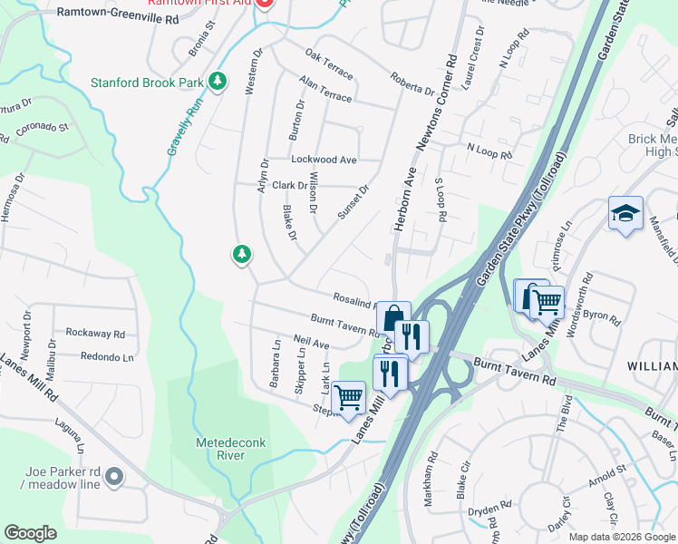 map of restaurants, bars, coffee shops, grocery stores, and more near 27 Rosalind Road in Brick Township