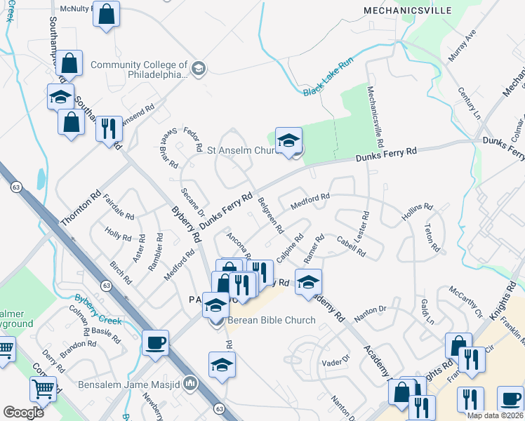 map of restaurants, bars, coffee shops, grocery stores, and more near 12504 Medford Place in Philadelphia