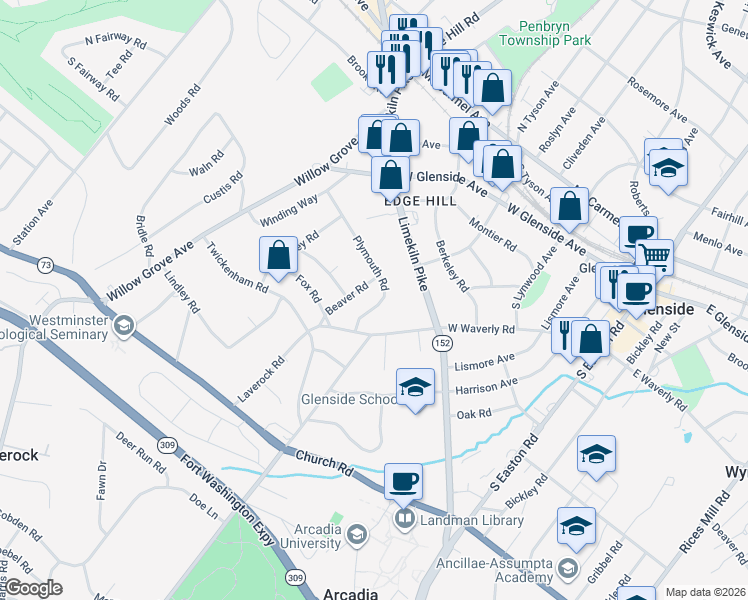 map of restaurants, bars, coffee shops, grocery stores, and more near 517 Plymouth Road in Glenside