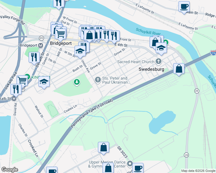 map of restaurants, bars, coffee shops, grocery stores, and more near 468 Columbus Street in Bridgeport
