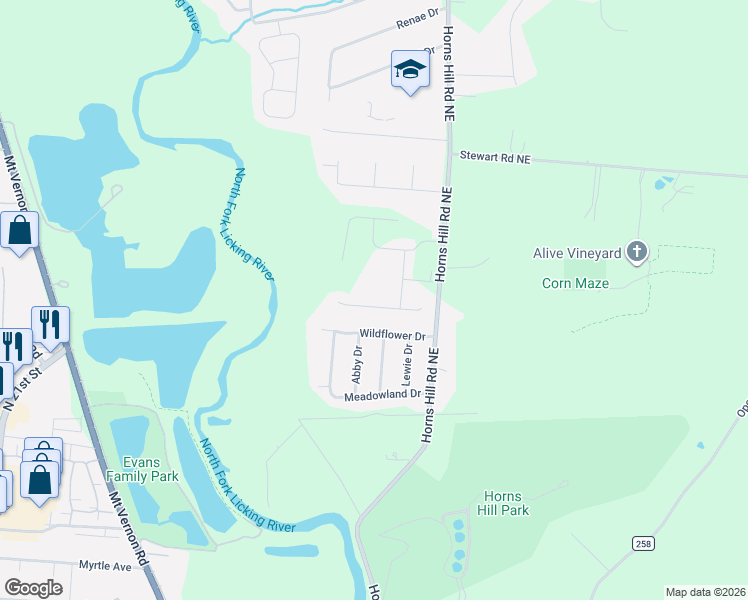 map of restaurants, bars, coffee shops, grocery stores, and more near 365 Kelley Lane in Newark