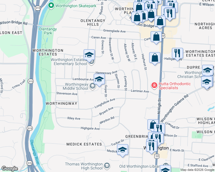map of restaurants, bars, coffee shops, grocery stores, and more near 283 Larrimer Avenue in Worthington