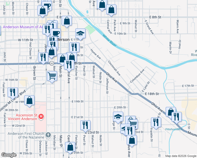 map of restaurants, bars, coffee shops, grocery stores, and more near 1616 Walnut Street in Anderson