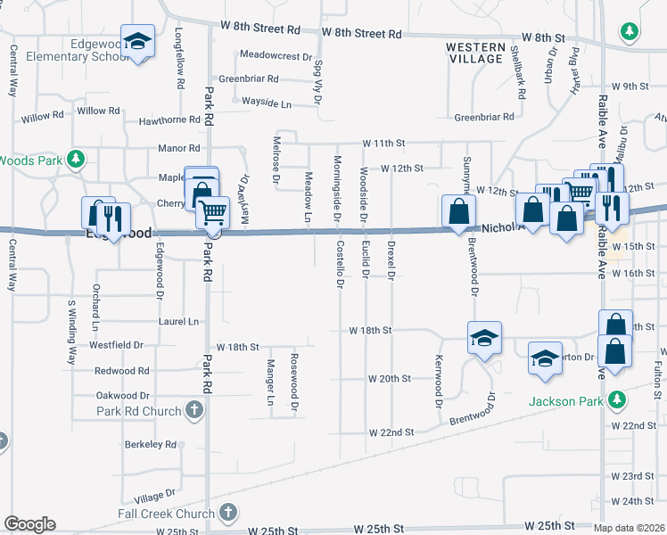 map of restaurants, bars, coffee shops, grocery stores, and more near 1614 Costello Drive in Anderson