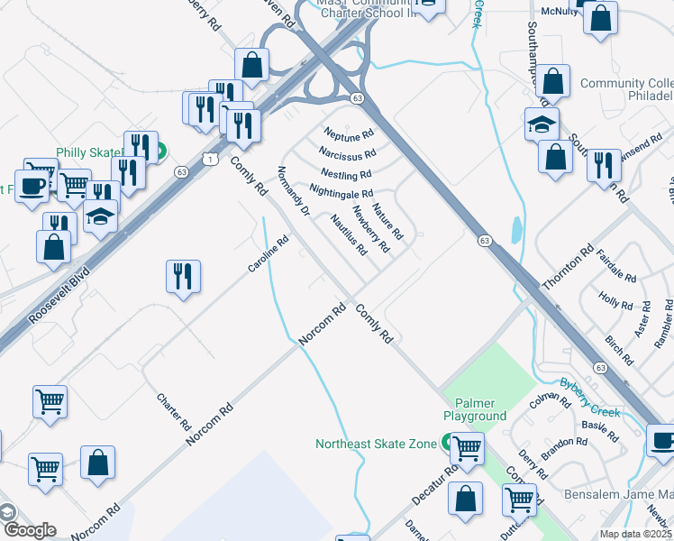 map of restaurants, bars, coffee shops, grocery stores, and more near 2869 Comly Rd in Philadelphia