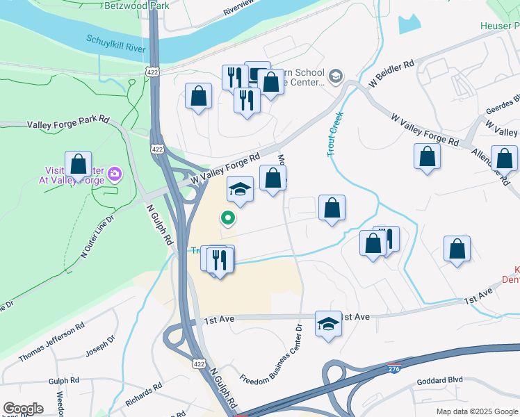 map of restaurants, bars, coffee shops, grocery stores, and more near 1001 West 8th Avenue in King of Prussia