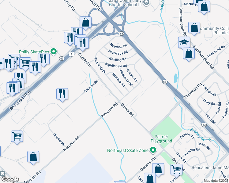 map of restaurants, bars, coffee shops, grocery stores, and more near 2869 Comly Rd in Philadelphia