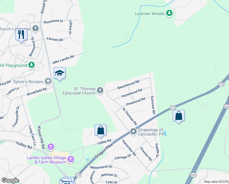 map of restaurants, bars, coffee shops, grocery stores, and more near 2604 Beechwood Road in Lancaster