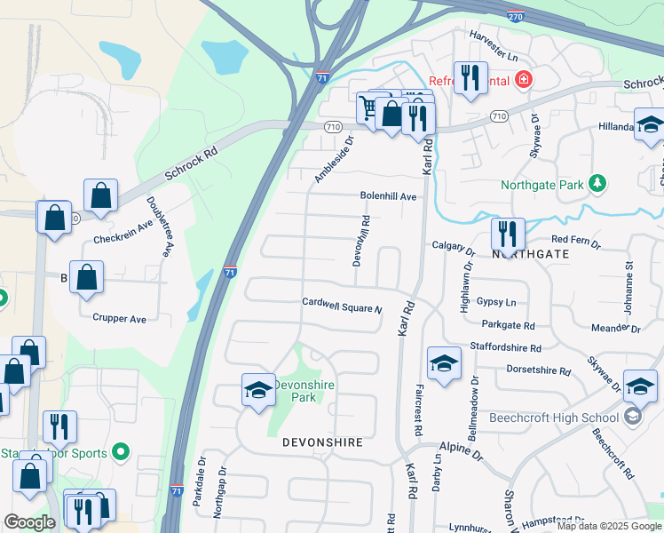 map of restaurants, bars, coffee shops, grocery stores, and more near 1363 Cranwood Drive in Columbus