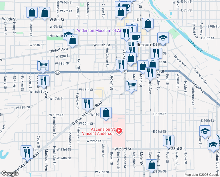 map of restaurants, bars, coffee shops, grocery stores, and more near 220 Doctor Martin Luther King Junior Boulevard in Anderson
