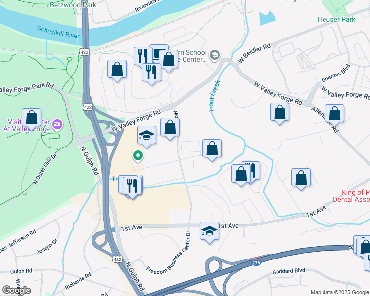 map of restaurants, bars, coffee shops, grocery stores, and more near 750 Moore Road in King of Prussia