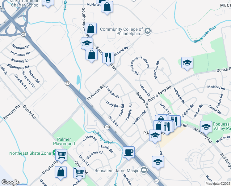 map of restaurants, bars, coffee shops, grocery stores, and more near 3113 Fairdale Road in Philadelphia