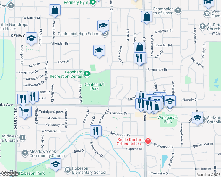 map of restaurants, bars, coffee shops, grocery stores, and more near 1479 Crescent Drive in Champaign