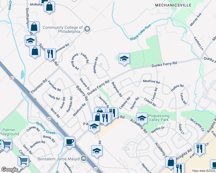map of restaurants, bars, coffee shops, grocery stores, and more near 12538 Medford Place in Philadelphia