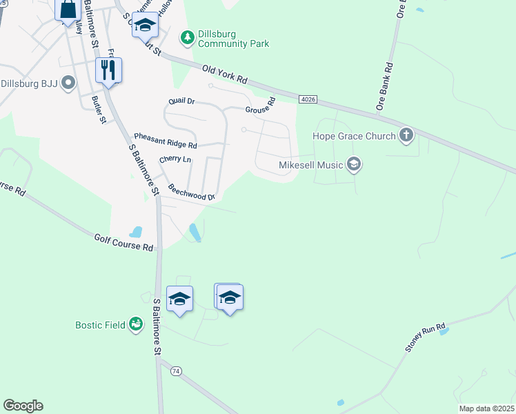 map of restaurants, bars, coffee shops, grocery stores, and more near 35 Hartman Lane in Dillsburg