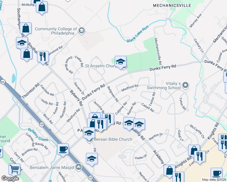map of restaurants, bars, coffee shops, grocery stores, and more near 12628 Chilton Road in Philadelphia