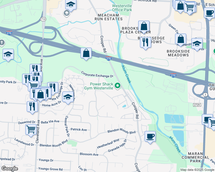 map of restaurants, bars, coffee shops, grocery stores, and more near 6377 Cooper Road in Columbus