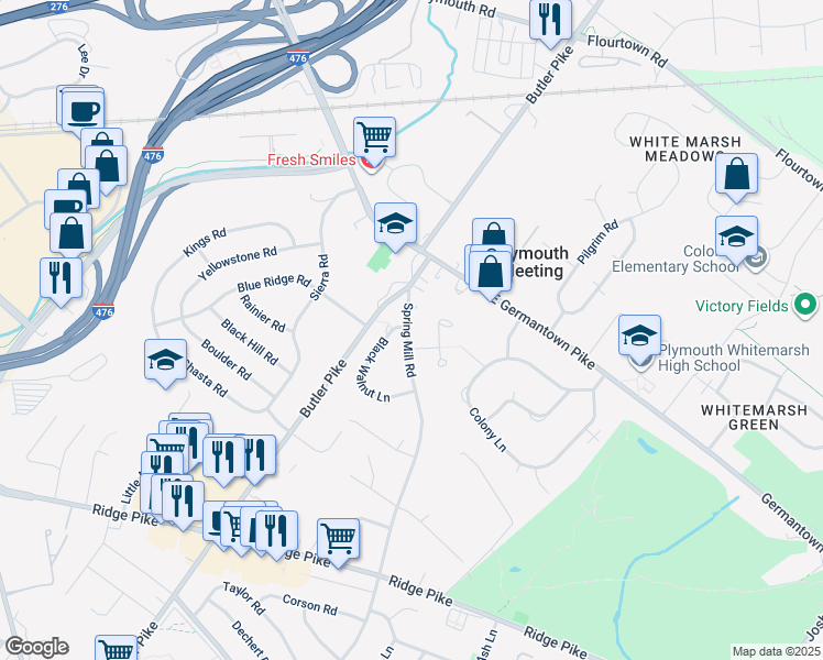 map of restaurants, bars, coffee shops, grocery stores, and more near 3138 Spring Mill Road in Plymouth Meeting