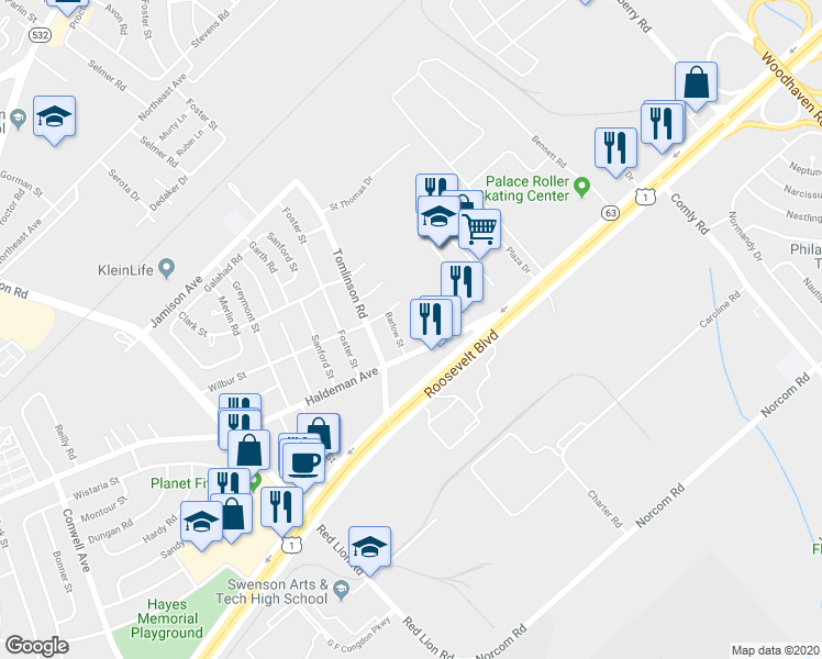 map of restaurants, bars, coffee shops, grocery stores, and more near 10614 Evans Street in Philadelphia