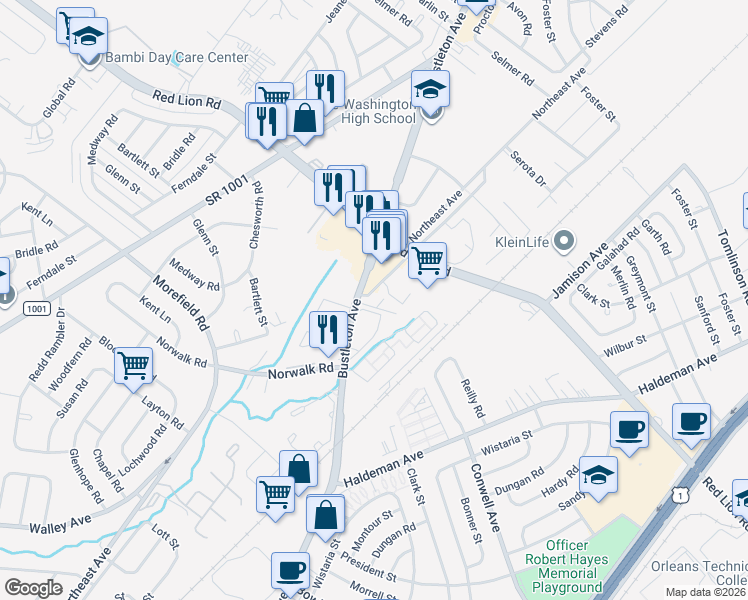map of restaurants, bars, coffee shops, grocery stores, and more near 9905 Northeast Avenue in Philadelphia