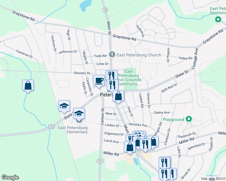 map of restaurants, bars, coffee shops, grocery stores, and more near 6060 Main Street in East Petersburg