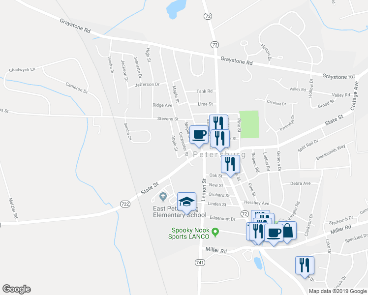 map of restaurants, bars, coffee shops, grocery stores, and more near 6094 Carpenter Street in East Petersburg