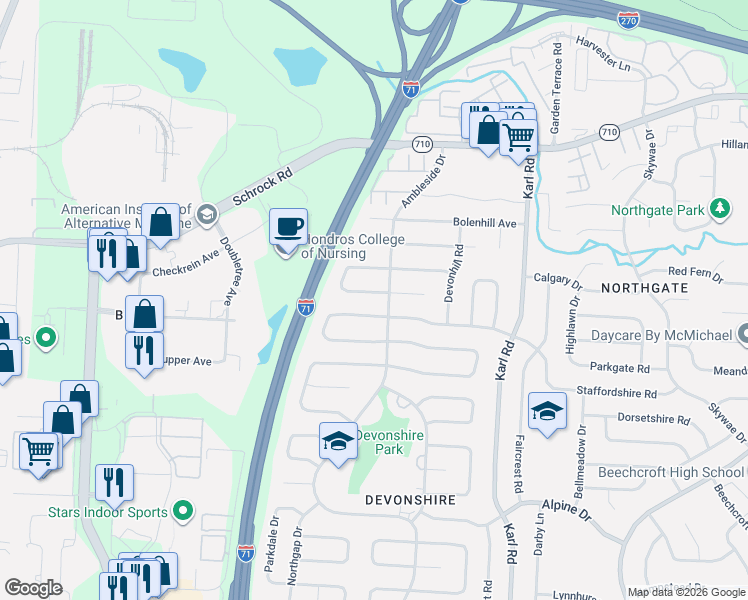 map of restaurants, bars, coffee shops, grocery stores, and more near 1301 Bosworth Square North in Columbus
