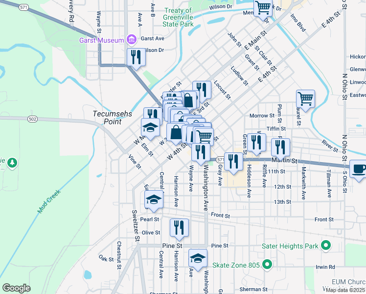 map of restaurants, bars, coffee shops, grocery stores, and more near 499 South Broadway Street in Greenville