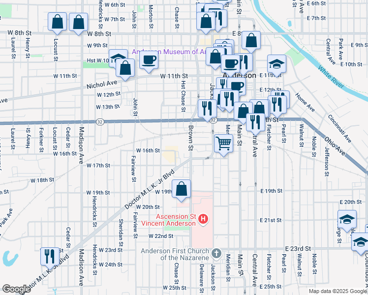 map of restaurants, bars, coffee shops, grocery stores, and more near 1505 Brown Street in Anderson