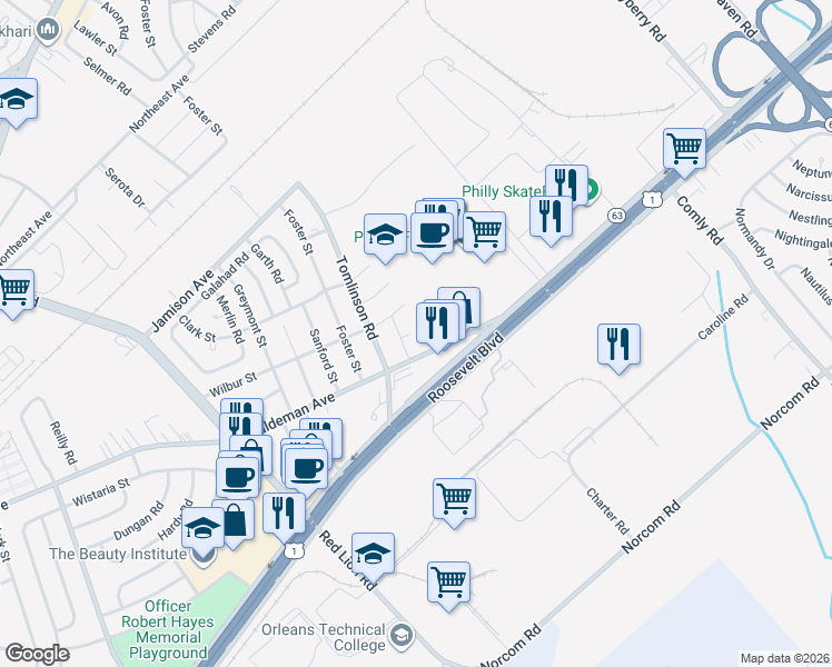 map of restaurants, bars, coffee shops, grocery stores, and more near 10714 Haldeman Avenue in Philadelphia