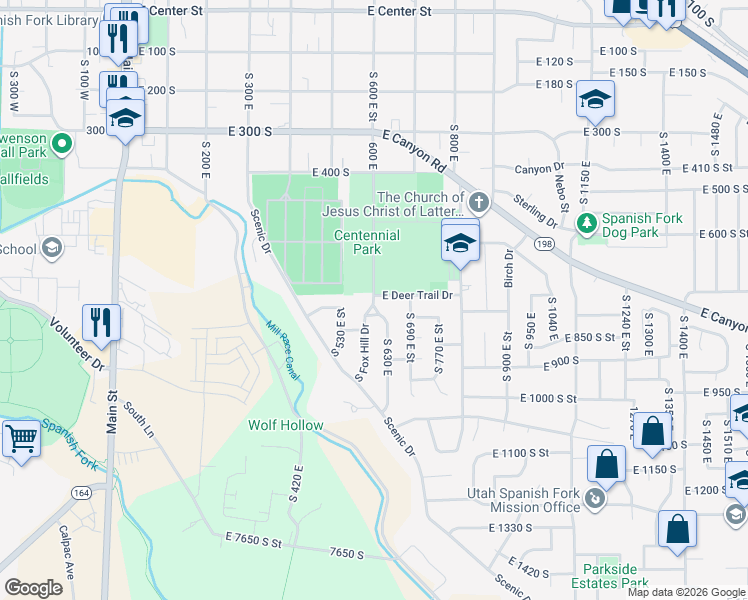 map of restaurants, bars, coffee shops, grocery stores, and more near 636 East Deer Trail Drive in Spanish Fork