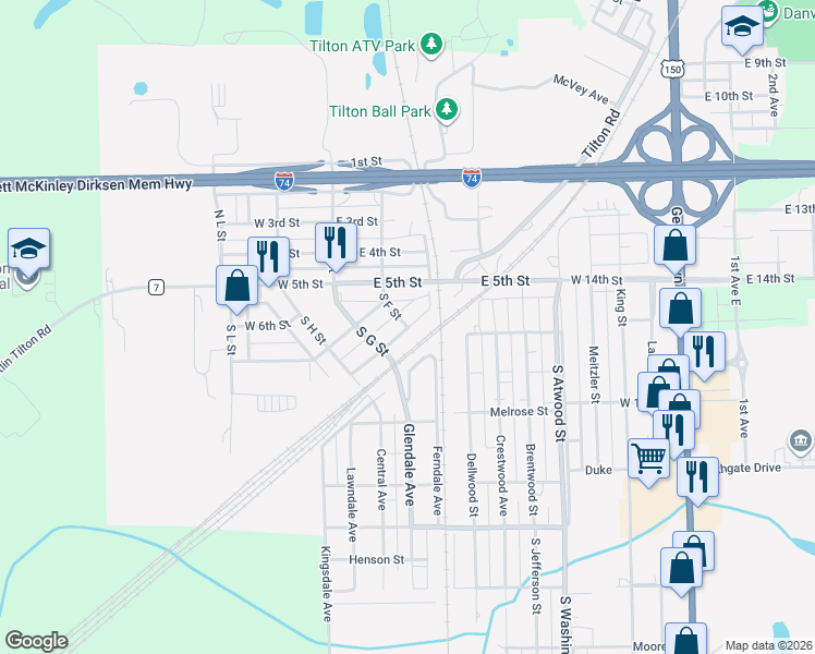 map of restaurants, bars, coffee shops, grocery stores, and more near 398 S F St in Tilton