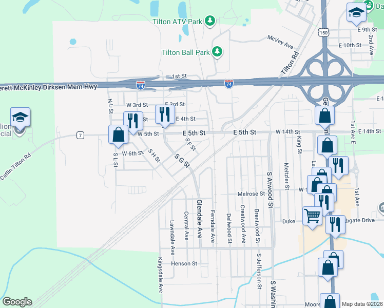 map of restaurants, bars, coffee shops, grocery stores, and more near 304-398 S F St in Tilton