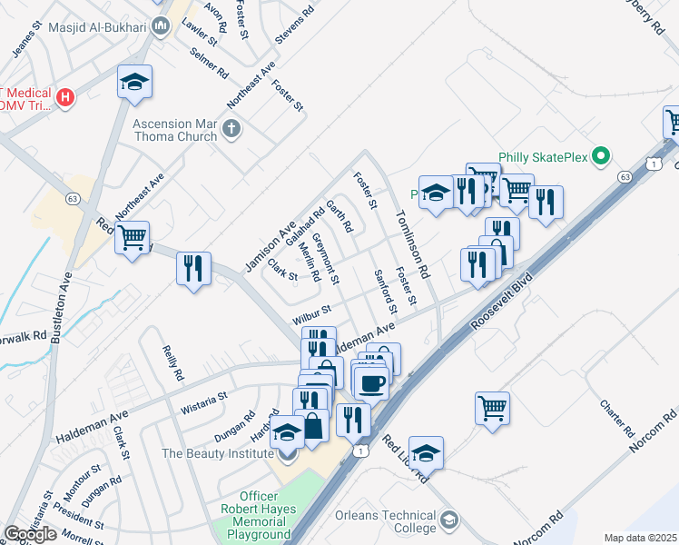 map of restaurants, bars, coffee shops, grocery stores, and more near 1925 Greymont Street in Philadelphia