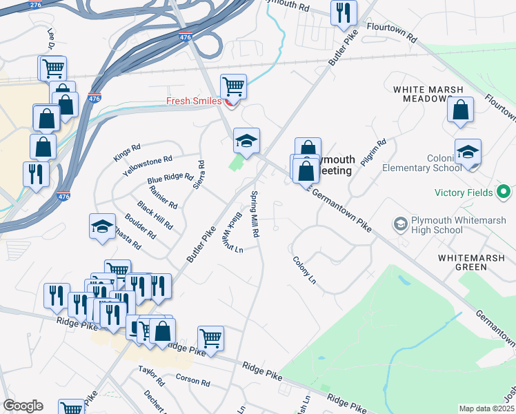 map of restaurants, bars, coffee shops, grocery stores, and more near 3138 Spring Mill Road in Plymouth Meeting